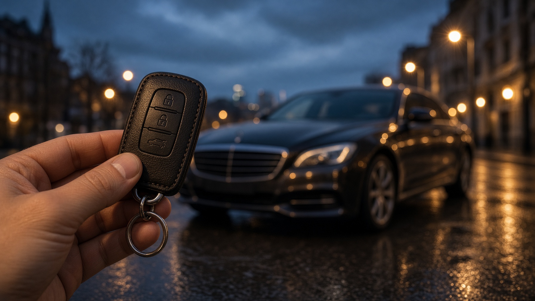 Car keys in the foreground with a dark luxury sedan at dusk