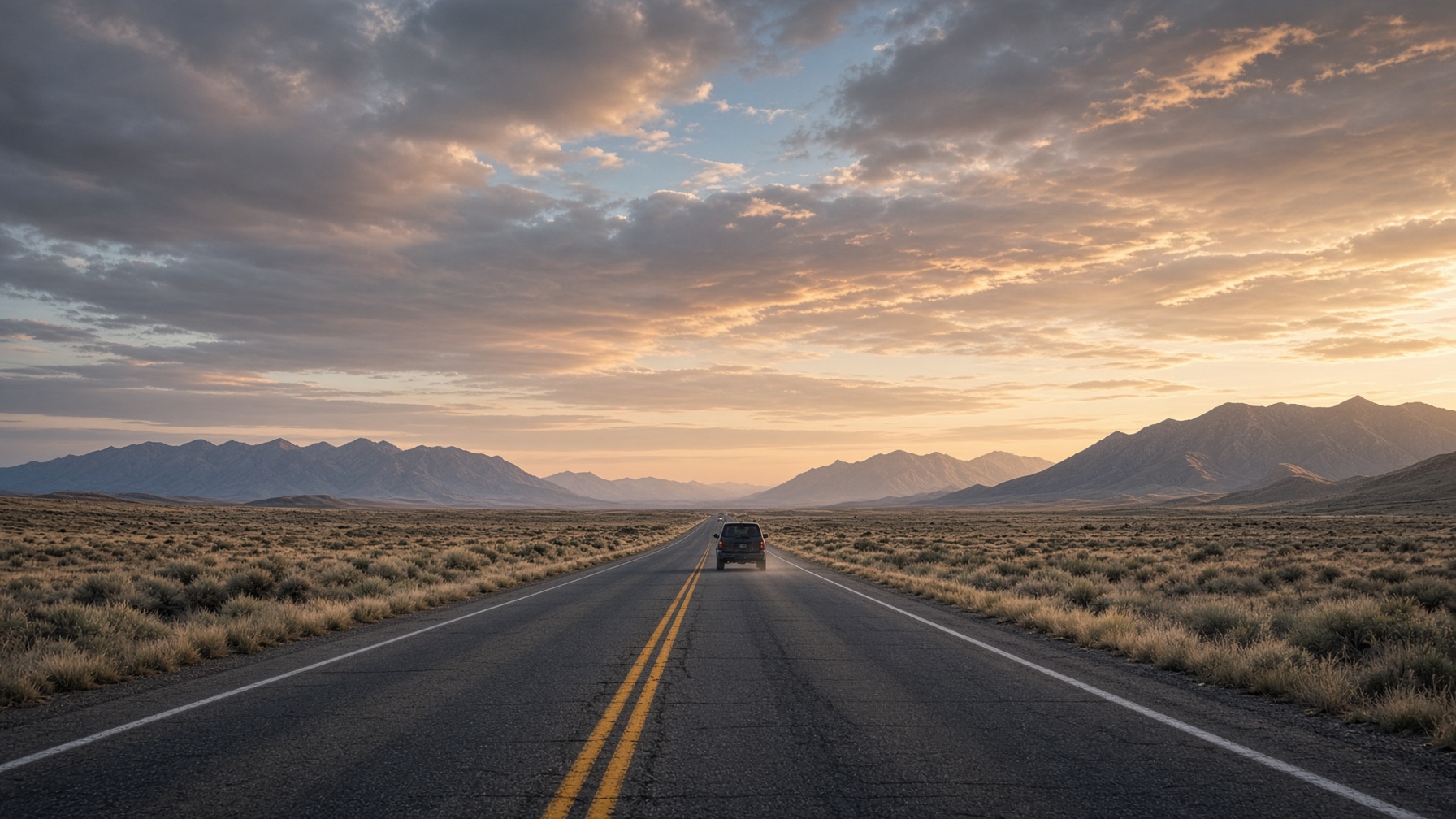 Open western highway at golden hour